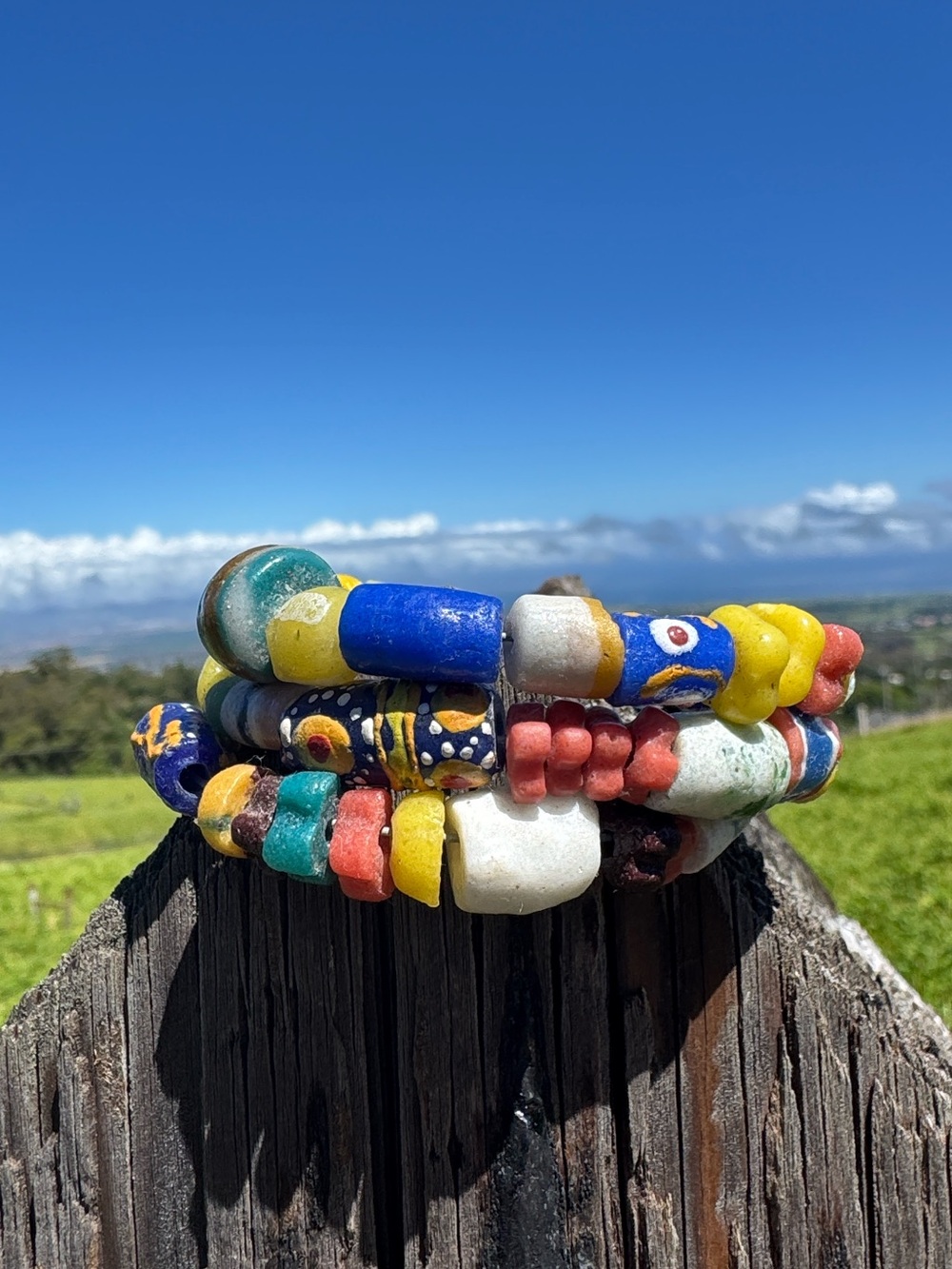 Handcrafted African glass Krobro bead wire wrap bracelet